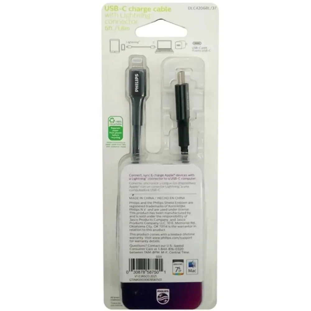 Philips 6-Foot MFI-Certified iPhone Lightning to USB-C Cable – Black